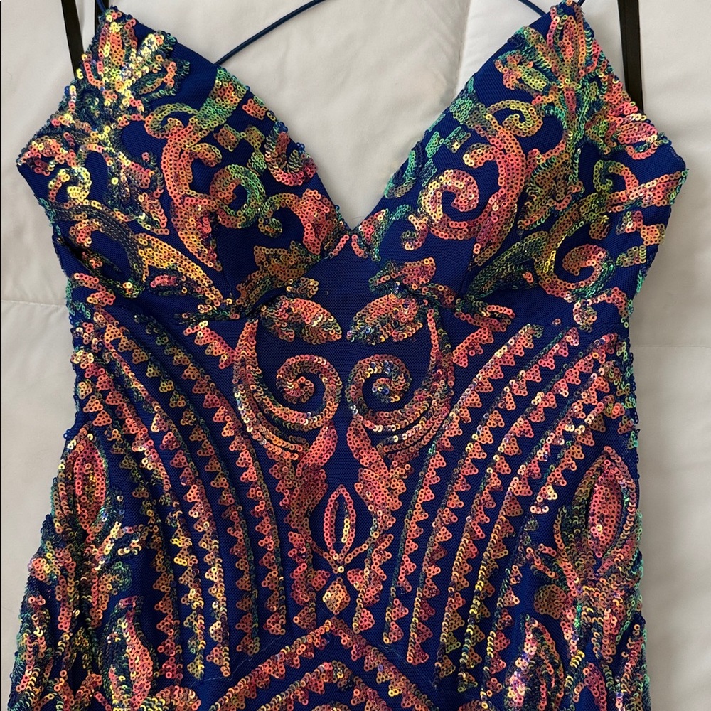 Sequin Embellished Navy Multicolor V-Neck Women’s Dress